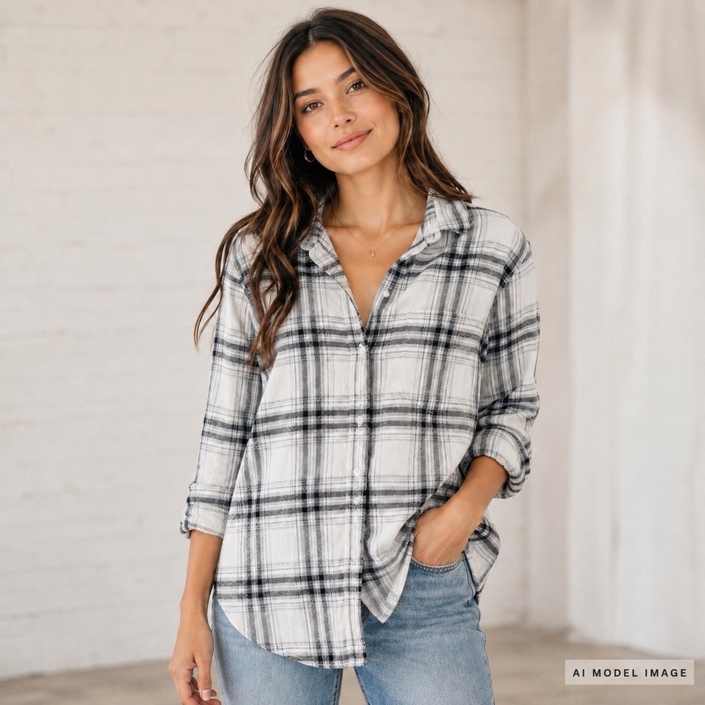 American Eagle Boyfriend Fit Plaid Shirt Women S Ahh-Mazingly Soft Gray Black